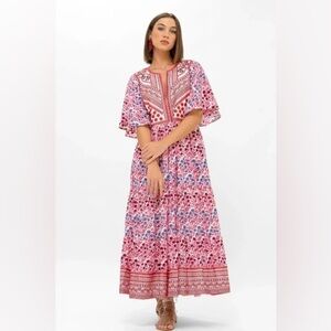 Oliphant Flirty Mendoza Coral Sequins Tiered Maxi Sundress L